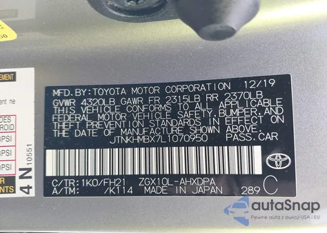 2020 Toyota C-Hr Le from USA, damaged, VIN JTNKHMBX7L1070950